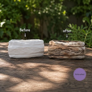 May include: Two rectangular planters with a textured, wood-like surface. The left planter is solid white with the text 'Before' above it. The right planter is brown and white with the text 'after' above it and a purple circle labelled 'Airbrushed'.