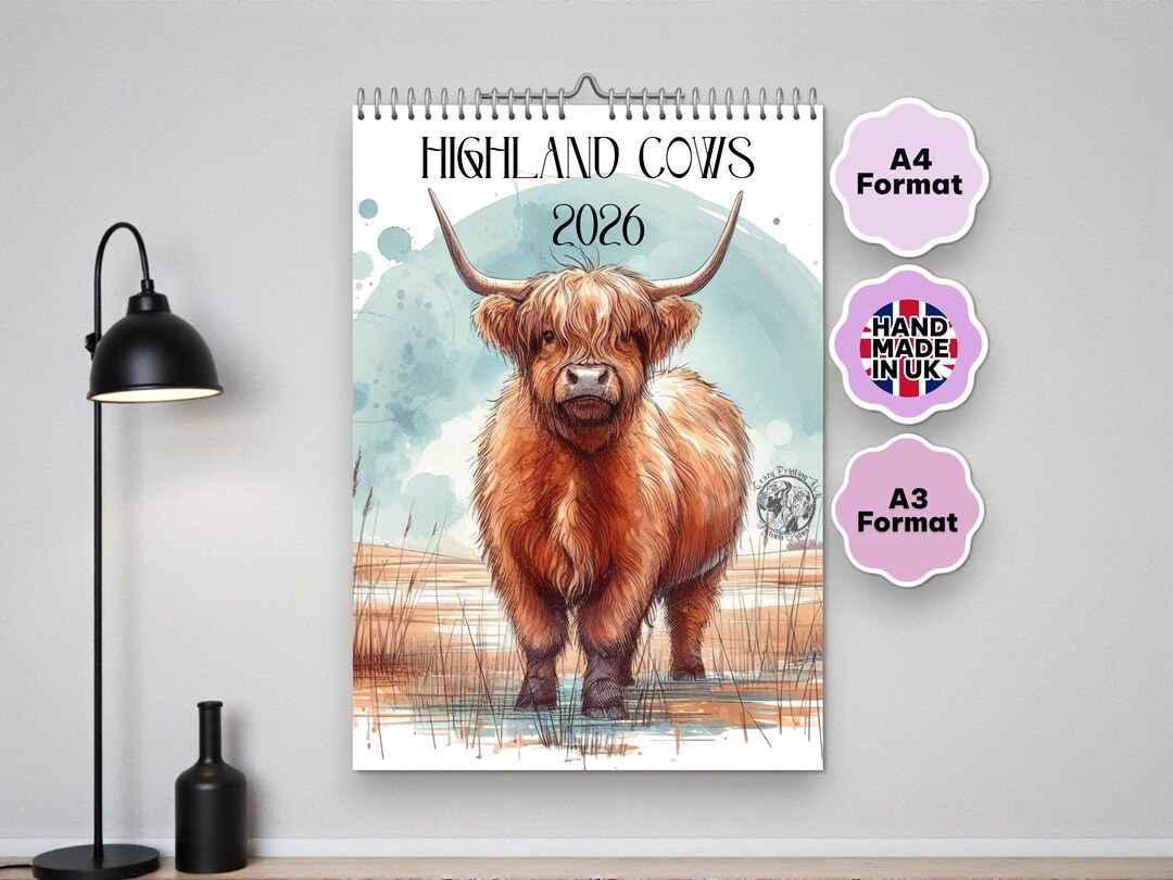 2026 Highland Cow Wall Calendar | Farmhouse Cow Calendar