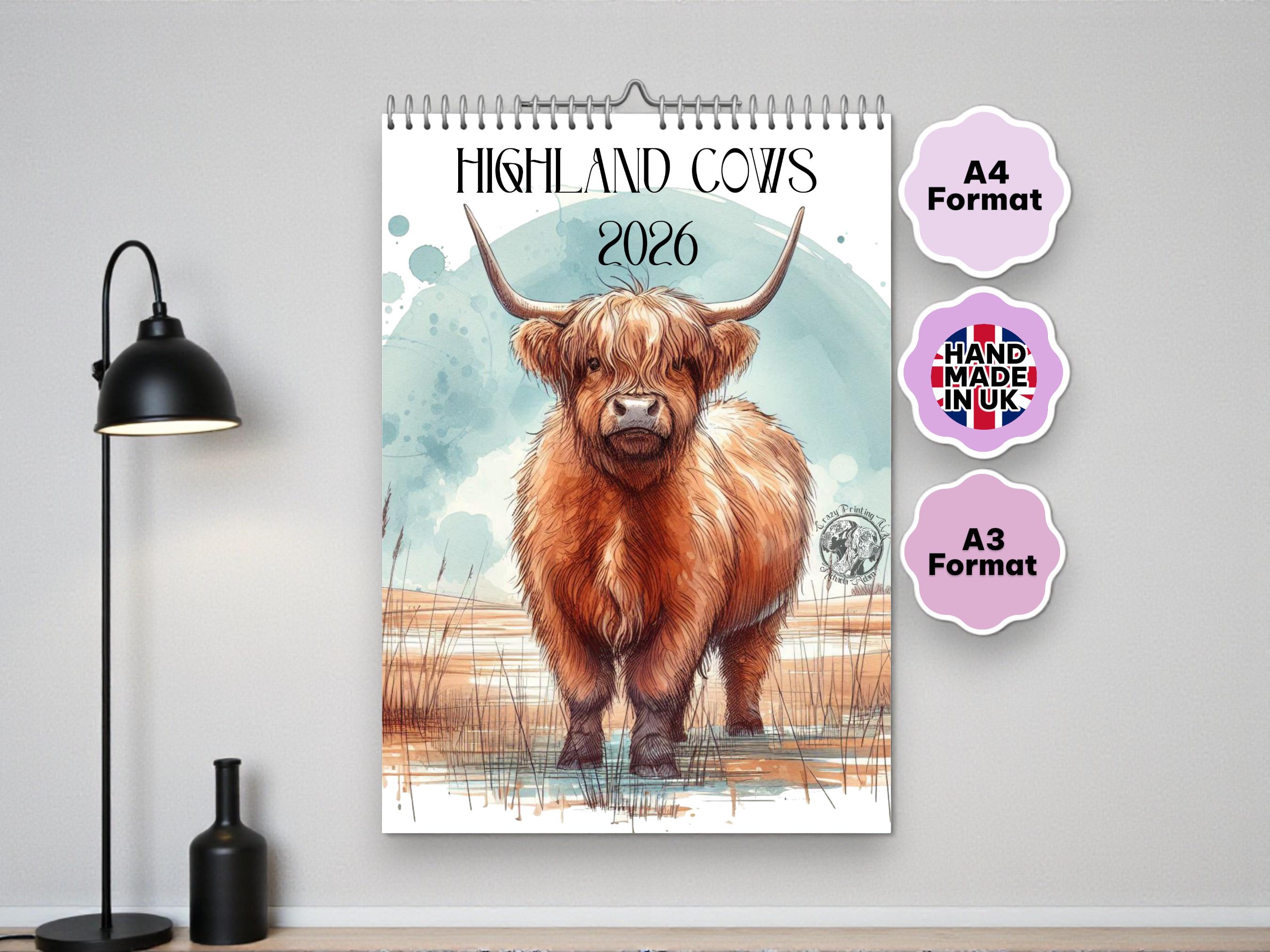 Highland Cow Calendar 2026, Highland Cow Wall Calendar Watercolour Cows Monthly Planner Scottish Wall Art Decor