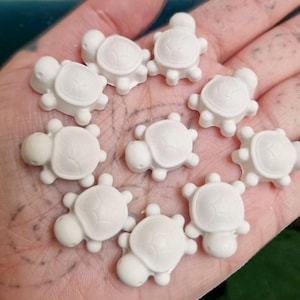 Peut inclure: Plusieurs petits objets décoratifs blancs en forme de tortue. Chaque tortue présente un motif de carapace détaillé et quatre petites pattes. Les tortues sont disposées dans une main, mettant en valeur leur taille et leur forme. Idéal pour les loisirs créatifs.
