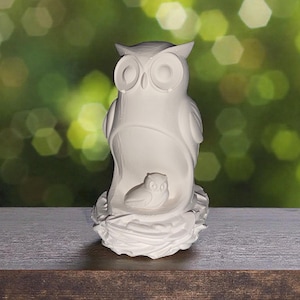Könnte beinhalten: Eine weiße Eulenfigur mit einer größeren Eule und einer kleineren Eule, die zusammen nisten. Die Eulen sitzen auf einer nestartigen Basis. Der Hintergrund ist ein verschwommenes Grün mit Bokeh.
