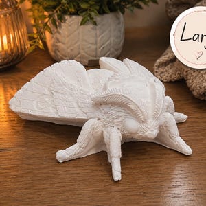 May include: A white, matte-finished moth figurine with detailed wing textures and prominent antennae. The sculpture features a realistic insect form with six legs and large eyes. A circular sticker in the upper right corner displays the text Large.