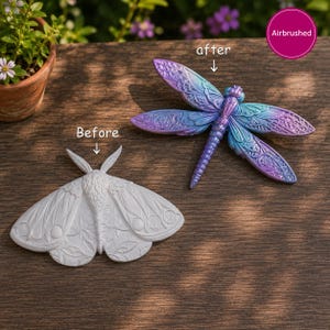 May include: A white moth figurine labelled Before and a dragonfly figurine with an iridescent purple and blue airbrushed finish labelled after. The dragonfly features intricate wing patterns and a textured body, while the moth has a matte white surface.