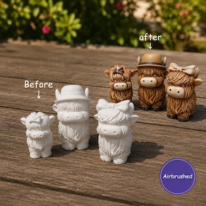 May include: Three white unpainted highland cow figurines labeled Before and three painted brown highland cow figurines labeled after. The painted figures include one with a tan hat and two with bows. A purple circle contains the text Airbrushed.