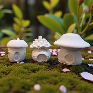 May include: Three small, white fairy houses with unique designs. One resembles a classic house, another a pinecone, and the third a mushroom. They are set on a bed of green moss, with pink flower petals scattered around.