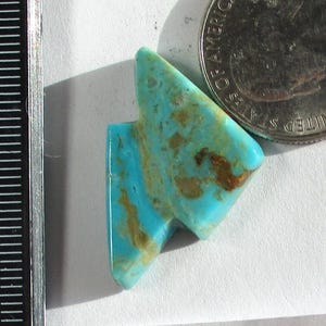 May include: A turquoise and brown Kingman Lightning Bolt gemstone, next to a quarter for size comparison. The gemstone is a unique shape and has the text "Stabilized Kingman Lightning Bolts LN-26-K 19.2ct." on a white label.