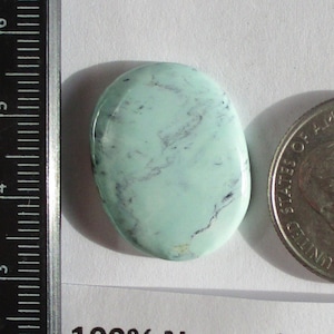Pode incluir: Um cabochão de Apache Variscita verde claro com veios brancos, medindo 15,7 quilates, ao lado de uma moeda de 25 centavos de dólar americano para comparação de tamanho. 100% Apache Variscita natural 1EX-09-AV