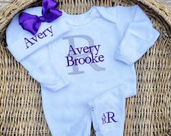 Baby Girl Coming Home Outfit with Purple Embroidered Monogram