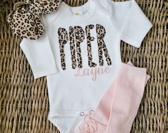 Baby Girl Coming Home Outfit with Leopard Applique Name