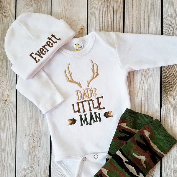 Baby Boy Coming Home Outfit Personalized Baby Boy Camo Bodysuit Set with Leg Warmers and Cap with Name