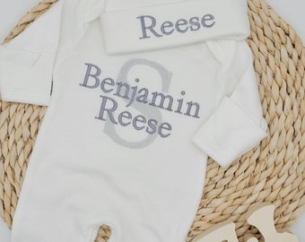 Newborn Boy Footed Romper with Grey on Grey Embroidered Monogram