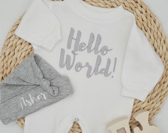 Personalized Baby Boy Coming Home Outfit: "Hello World" Romper & Hat