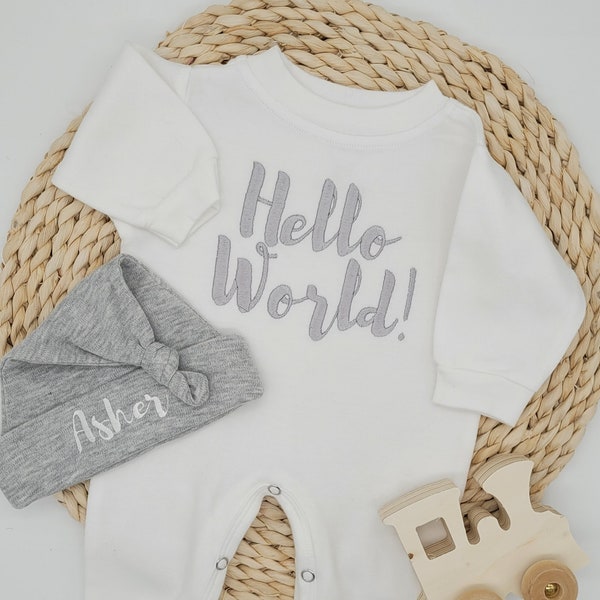 Baby Boy Coming Home Outfit Hello World Baby Boy Newborn Baby Boy Personalized Baby Boy Personalized Newborn Hat Baby Boy Gift