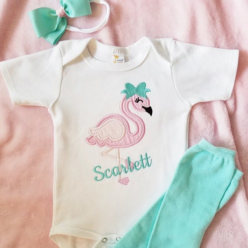 Pink Flamingo Baby Girl Outfit Personalized Baby Girl Outfit Etsy