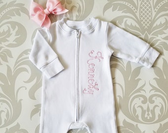 Personalized Baby Girl Footie: Embroidered Monogrammed Newborn Outfit