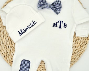 Personalized Baby Boy Coming Home Outfit with Bow Tie and Monogram