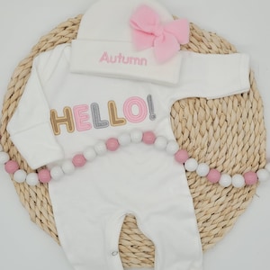 Personalized Baby Girl Coming Home Outfit with Hello Applique and Hat