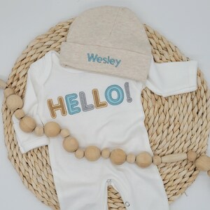 Personalized Baby Boy Coming Home Outfit with Hello Applique and Hat