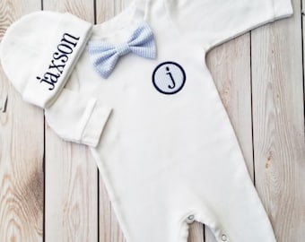 Newborn Boy Outfit Baby Boy Coming Home Outfit Monogrammed Baby Boy Personalized Baby Boy Take Home Outfit Baby Gift Seersucker Baby Boy