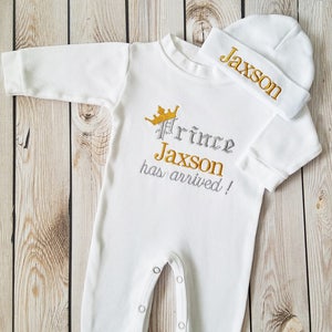 Monogrammed Baby Boy Coming Home Outfit: Embroidered Prince Romper and Hat