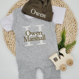 Conjunto de regreso a casa de verano para bebé niño con monograma bordado, verde oliva