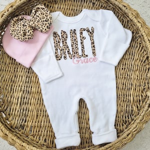 Newborn Girl Coming Home Outfit with Leopard Applique and Pink Embroidered Monogram