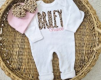 Newborn Girl Coming Home Outfit with Leopard Applique and Pink Embroidered Monogram