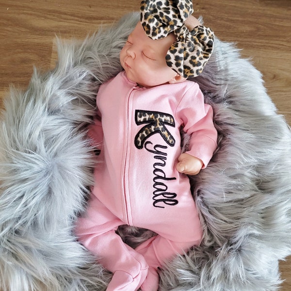 Baby Girl Coming Home Outfit with Leopard Print and Embroidered Name