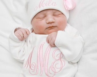 Personalized Baby Girl Coming Home Outfit with Pink Embroidered Monogram