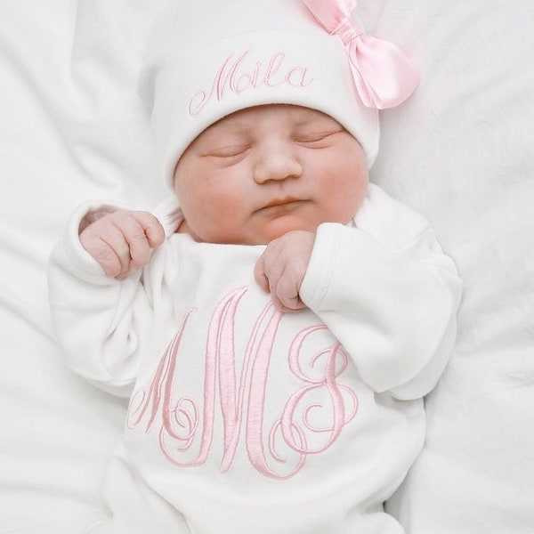 Personalized Baby Girl Coming Home Outfit with Pink Embroidered Monogram