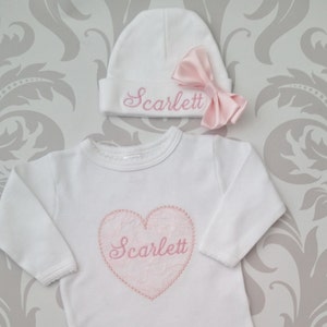 Baby Girl Coming Home Outfit Pink Lace Heart Personalized Romper with Name on Hat