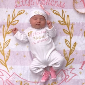 Monogrammed Baby Girl Coming Home Outfit: Embroidered Princess Romper & Hat