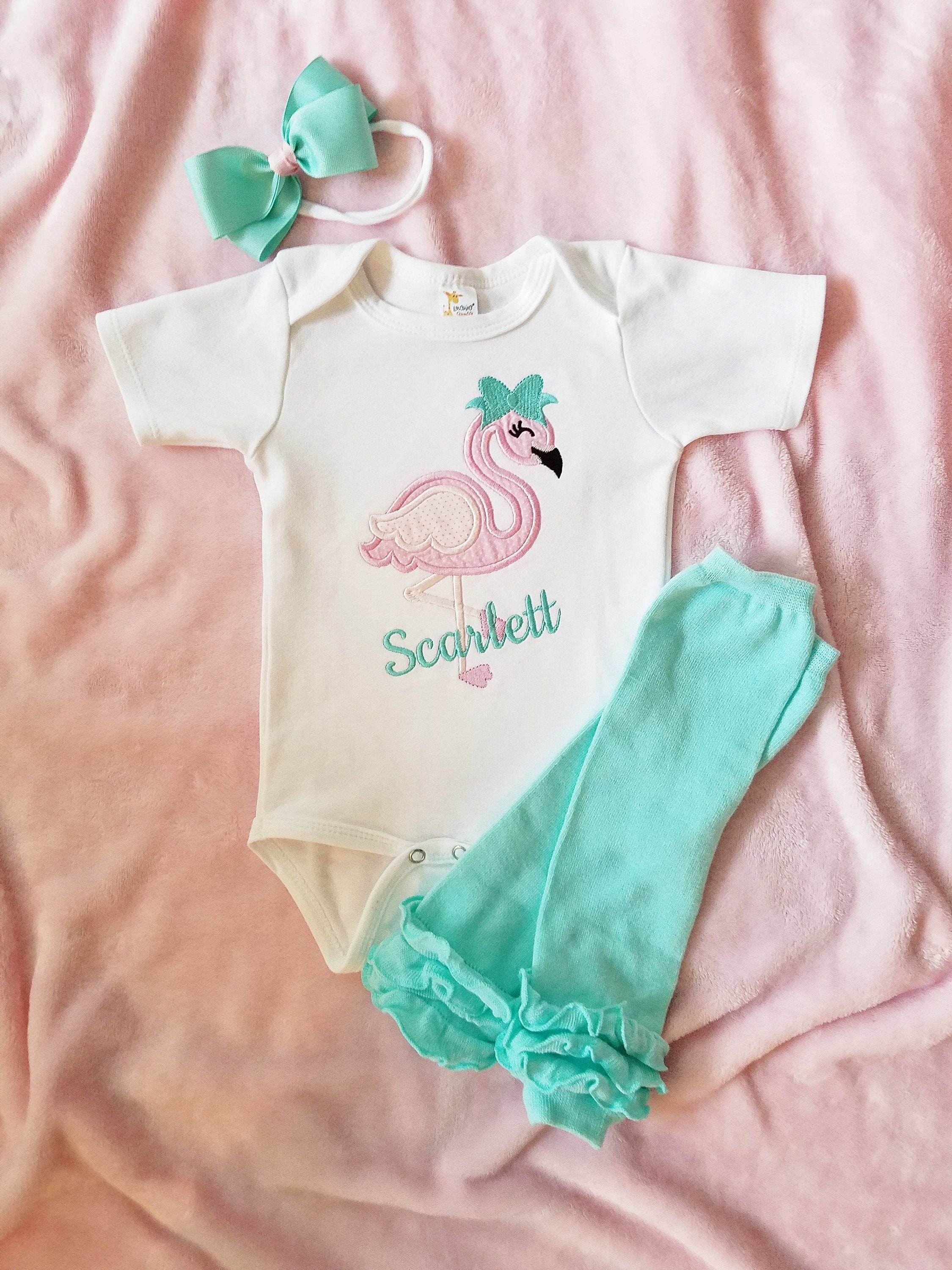 Personalized Flamingo Baby Outfit: Embroidered Bodysuit, Leg Warmers & Headband