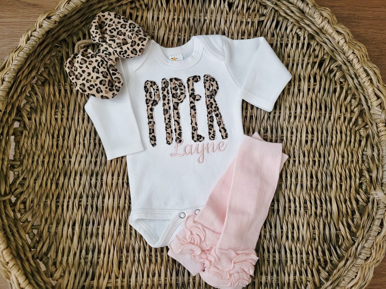 Baby Girl Coming Home Outfit with Leopard Applique Name image 1