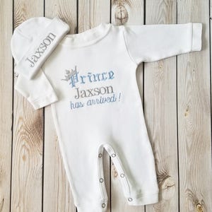 Monogrammed Baby Boy Coming Home Outfit: Embroidered Prince Romper & Hat