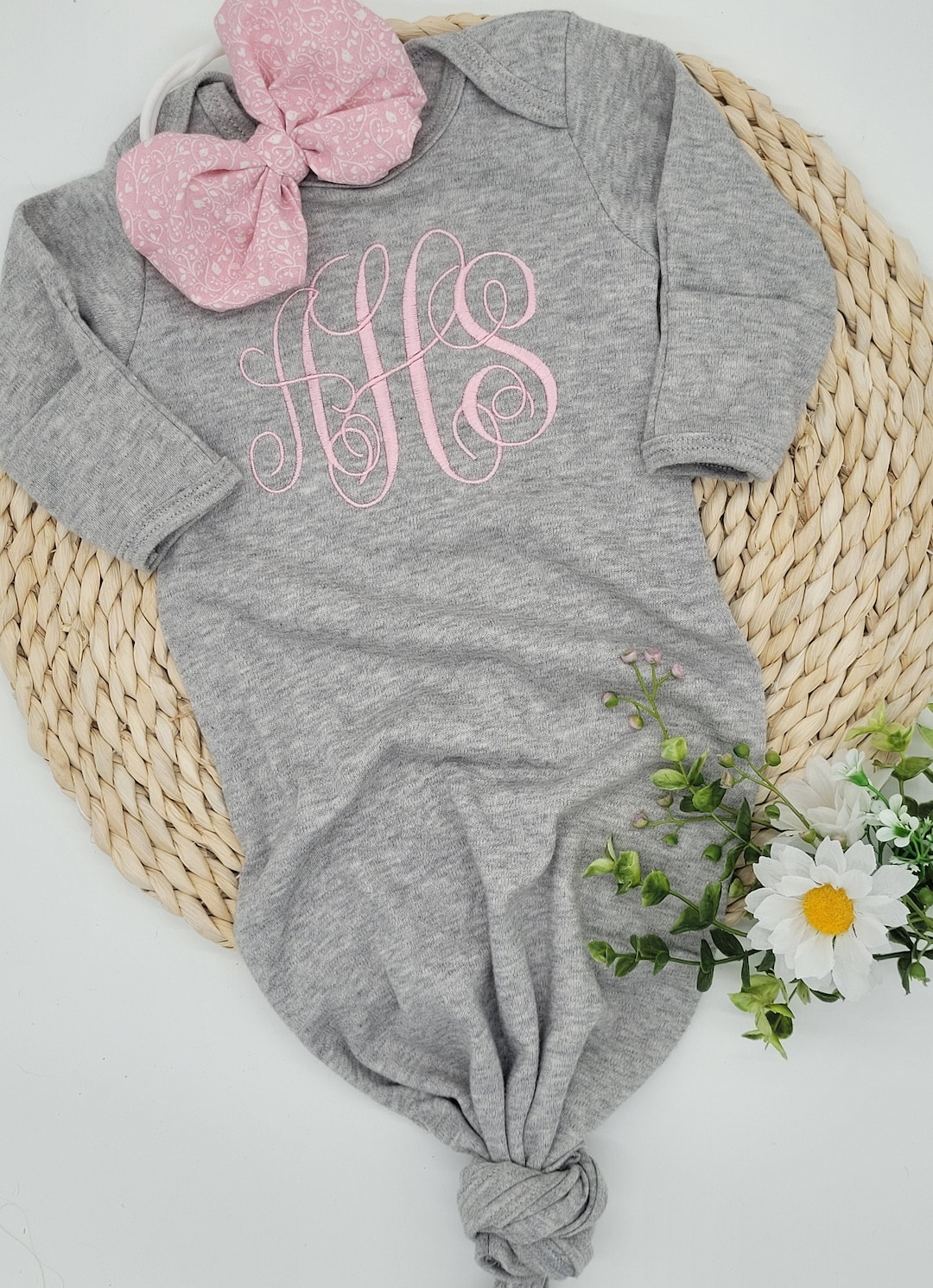 Baby Girl Knotted Gown With Embroidered Monogram Etsy
