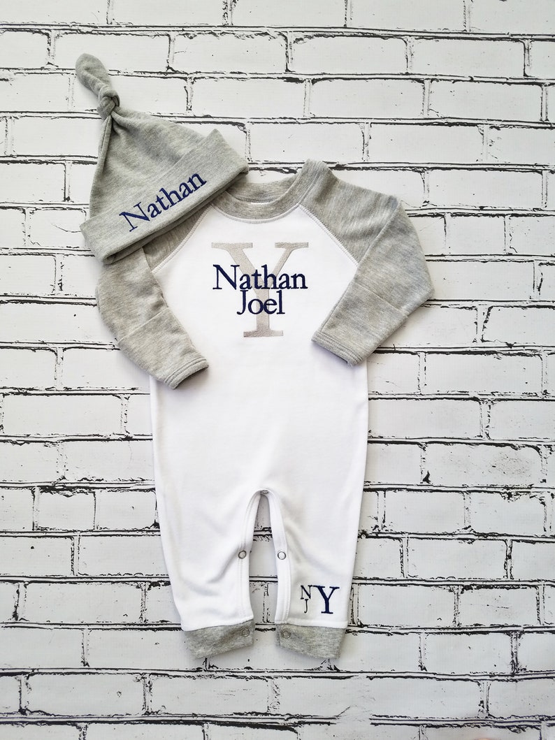 Baby Boy Coming Home Outfit Newborn Personalized Romper Monogrammed Baby Gift Baby Shower Gift image 1