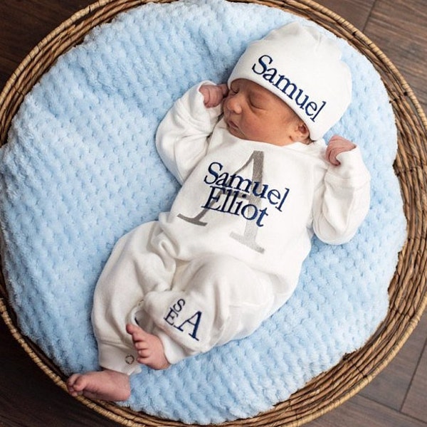 Newborn Boy Coming Home Outfit with Embroidered Monograms