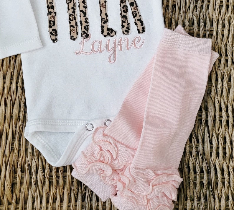 Baby Girl Coming Home Outfit with Leopard Applique Name image 3