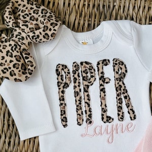 Baby Girl Coming Home Outfit with Leopard Applique Name image 2