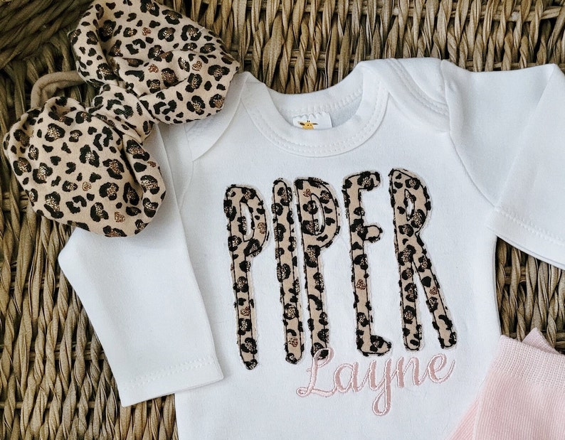 Baby Girl Coming Home Outfit with Leopard Applique Name image 2