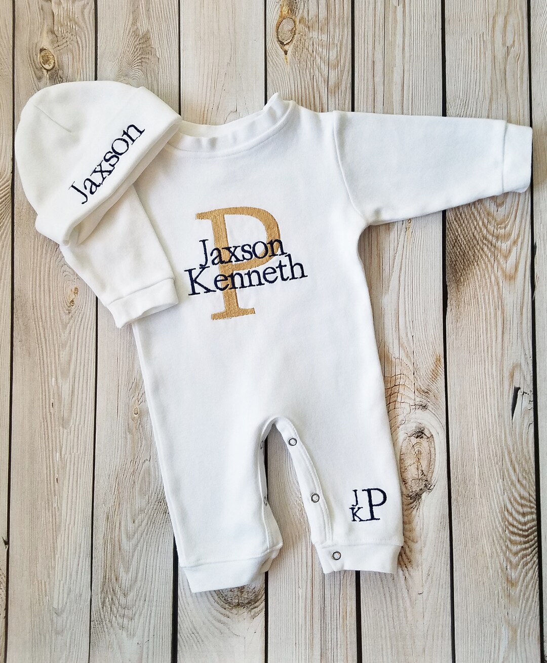 Embroidered Monogram Baby Boy Outfit: Personalized Cotton Romper & Cap ...