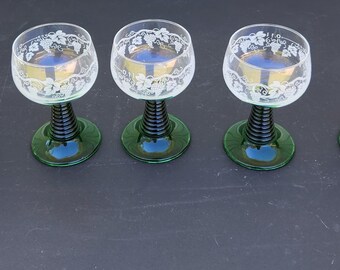 Luminarc France Grapevine Etched 0.1 litre/4 oz Green Stem Wine Glasses - Set of Five