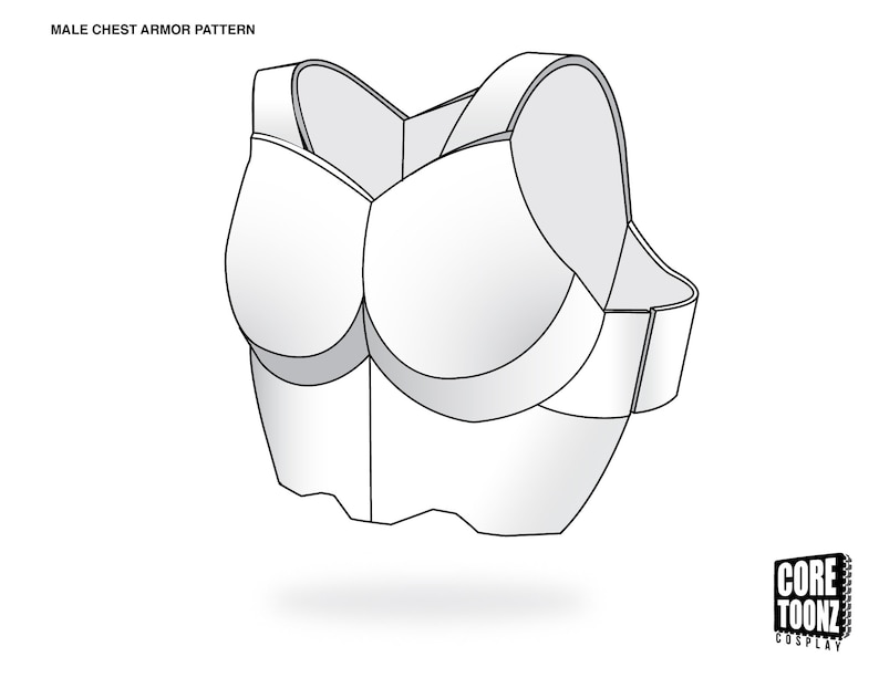 May include: A black and white line drawing of a chest armor pattern. The pattern is for a chest piece with two large, rounded pieces that cover the chest and a smaller piece that covers the back.