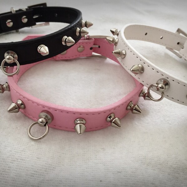 Black Pink White Purple Kitten Play Studded Spiked BDSM Collar Faux Leather