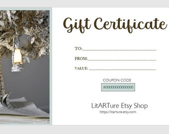 Gift Certificate, Last minute gift, Bookish gift, bookish decor, Gift Certificate Etsy Shop, 50 USD Gift Certificate, Printable Gift Card