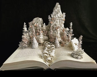 Mountain Camping Forest Book Sculpture-Paper Art-Book Lover gifts-Trees-Paper Anniversary-For Him or Her-First Anniversary-Custom Book Art