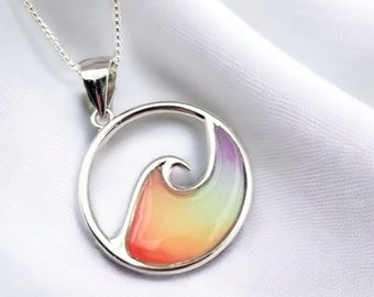 Ocean Wave Necklace,  Rainbow Wave Necklace, Beach Gifts, Hawaiian Jewelry, 925 Sterling SIlver