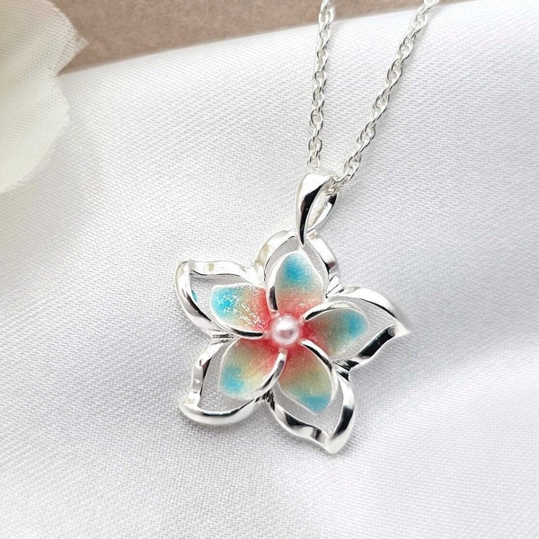 Plumeria Necklace, Hawaiian Jewelry, Beach Gift, Flower Jewelry, 925 sterling silver