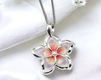 Sterling Silver Plumeria Necklace: Hawaiian Flower Pendant with Pearl